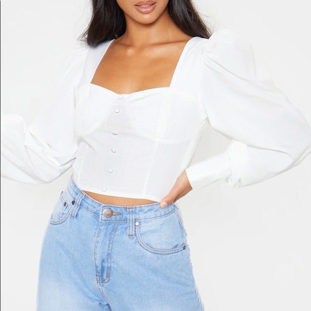 Pretty Little Thing White Long Puff Sleeve Blouse